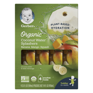 GERBER ORGANIC COCONUT WATER SPLASHER BANANA MANGO SQUASH 4 POUCHES