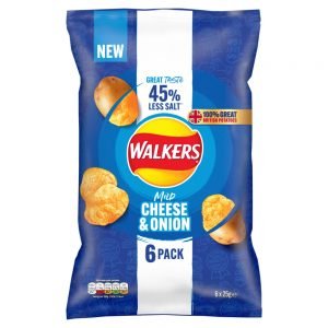 WALKERS LESS SALT MILD CHEESE & ONION MULTIPACK CRISPS 25G 6PK