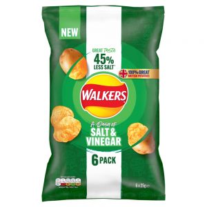 WALKERS LESS SALT A DASH OF SALT AND VINEGAR MULTIPACK CRISPS 25G 6PK